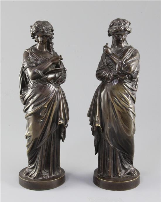 J.J. Salmson (1823-1902). A pair of bronze figures of muses representing Painting and Sculpture, 11in.